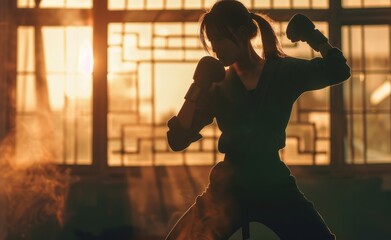 Wall Mural - Young adult woman practicing kickboxing in a gym, highlighting empowerment and strength training.