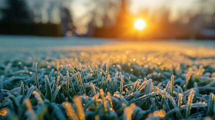 Wall Mural - Hoarfrost on green grass.