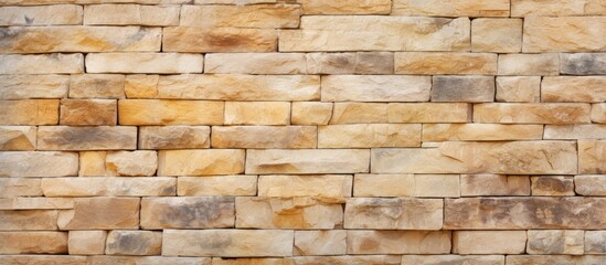 Sticker - A detailed shot of a beige brick wall, showcasing the rectangular bricks and composite material. The background is blurred, highlighting the intricate brickwork