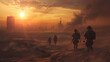 Futuristic soldiers advancing through a dusty desert at sunset.