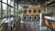 Sleek laundromat interior with modern washers and minimalist design.
