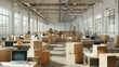 A large, sunlit office space cluttered with moving boxes during a corporate relocation.