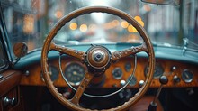 Detailed Shot Of A Vintage Car's Wooden Steering Wheel, Weathered By Years Of Driving, Imbued With A Sense Of Nostalgia.