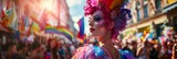 LGBT history month: June is Pride Month. Gay pride parade, Fictional queer or gender non binary person with pink hair: Man with makeup, drag queen, background with rainbow flag