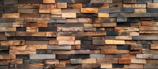 Wall Mural - A detailed closeup shot of a brown hardwood wall made of rectangular wooden blocks, resembling brickwork. The wooden blocks create a beautiful facade with a bricklike texture