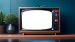 Old retro TV, screen mock up, vintage 70s television on desk