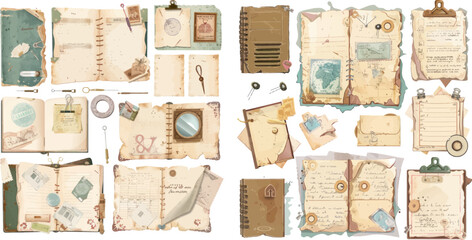 Poster - Retro ripped pages with pins and paperclip. Notebook sheets with scotch tape