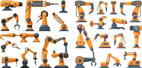 Poster - factory assembly robots conveyor isolated flat design vector set