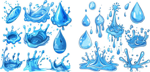 Poster - Cartoon blue dripping water drops, splashes, sprays and tears