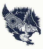 Fototapeta Młodzieżowe - Wild forest, eagle and mountains, double exposure tattoo. Sacred geometry art. Flying hawk and compass. Symbol of nature, adventure, travel, great outdoors. Creative t-shirt design concept