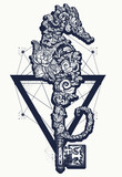 Fototapeta Młodzieżowe - Sea horse, roses flowers and vintage key. Sacred geometry style. Tattoo and t-shirt design. Black and white esoteric symbol of adventure, travel, journey, freedom