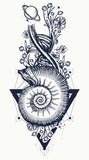 Fototapeta Młodzieżowe - DNA chain, art nouveau flowers and nautilus shell tattoo. Symbol of art, science, knowledge, medicine, prehistoric world, evolution