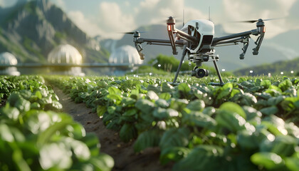 Agriculture drone fly to spray fertilizer. Smart farmer use drone for various fields like research analysis, terrain scanning technology, smart technology concept.