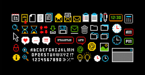 Poster - 8-bit Game perfect pixel graphics icons Set 7. Pixel icons set of Office organizer items, folder, document, task, letter envelope. Retro Video Game art. Isolated vector

