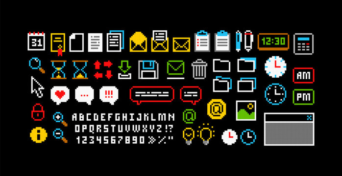 8-bit Game perfect pixel graphics icons Set 7. Pixel icons set of Office organizer items, folder, document, task, letter envelope. Retro Video Game art. Isolated vector
