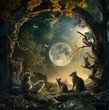 in a beautiful night woth full moon in a forest the animals gather toghether to chill watching the moon