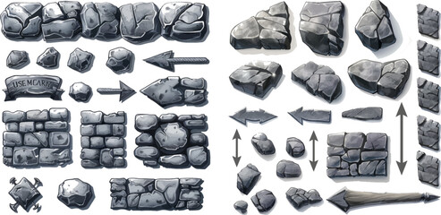 Wall Mural - Granite rocks buttons, grey stone banner, arrows and panels, stone ui elements for game design vector illustration symbols set