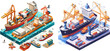 Isometric seaport cargo service, cargo ship barge, container and crane