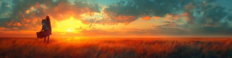 Canvas Print - person in the field during sunset