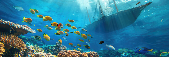 An underwater scene featuring a boat surrounded by a school of fish swimming gracefully in the ocean depths