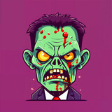Fototapeta Dinusie - This colorful, cartoonish zombie wears a bowtie and a suit. Its green skin contrasts with its red hair and yellow eyes. The expressive face features drooling and a heart-shaped mouth. 