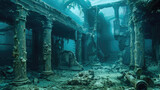 Fototapeta  - An underwater perspective showing a building with columns and pillars. The structure is partially submerged in the water