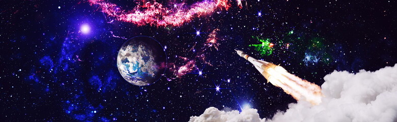 Wall Mural - dark space shuttle launch in the clouds with stars on background.spaceship flight. elements of this 