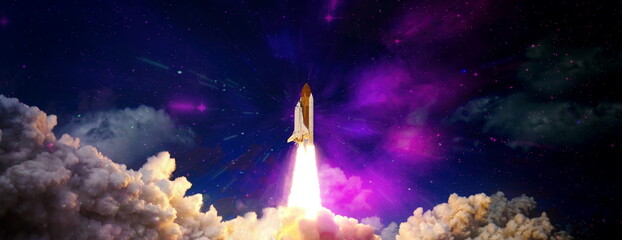Wall Mural - rockets launch into space on the starry sky. spacecraft flies into space with clouds of smoke. eleme