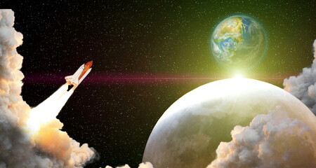 Wall Mural - dark space shuttle launch in the clouds with stars on background.spaceship flight. elements of this 