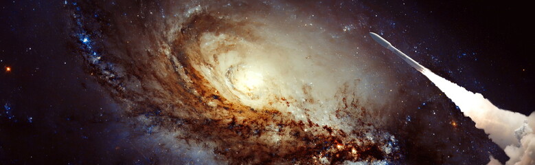 Wall Mural - rockets launch into space on the starry sky. spacecraft flies into space with clouds of smoke. eleme