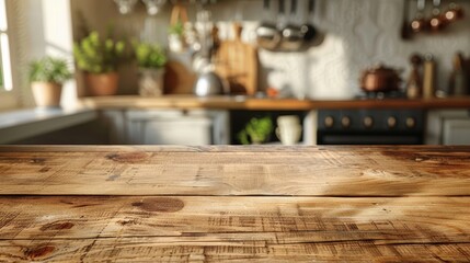 Wall Mural - Empty wooden table for product display with a blurred kitchen background. 