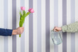 Background for a holiday card. A hand with a bouquet of pink tulip flowers and a hand with a jar of water.