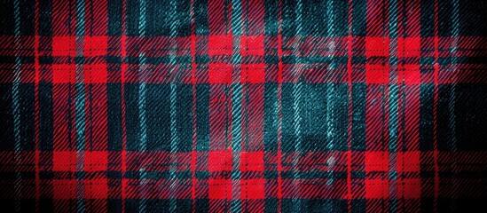 Wall Mural - A close up of a tartan pattern in red and electric blue on a black background, featuring hints of magenta and carmine. The symmetry of the plaid creates a visually striking event