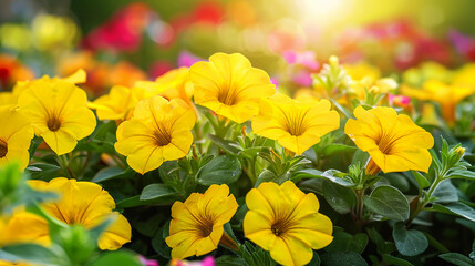 Wall Mural - Yellow petunia flowers in a flowerbed in the garden in sunset light. Floral banner.