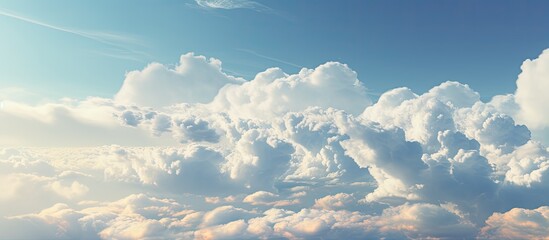 Wall Mural - A commercial aircraft is flying high above surrounded by dense fluffy white clouds in the sky
