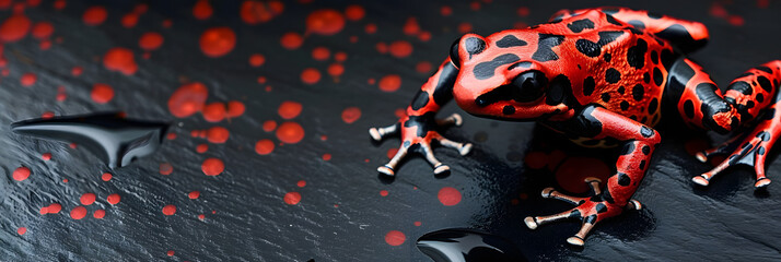 Wall Mural - a red and black frog with black spots on it's body sitting on a black surface with red and black spots on it's body.
