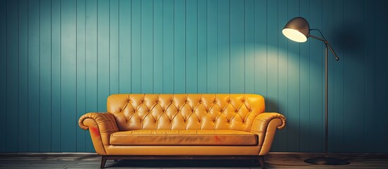 Wall Mural - Yellow leather couch standing elegantly in a room painted in a calming blue hue, accompanied by a tall floor lamp for added lighting ambiance