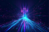 Fototapeta  - Glowing neon cross in data stream tunnel. Futuristic virtual reality concept of faith and spirituality. Religious symbolism with modern digital aesthetic
