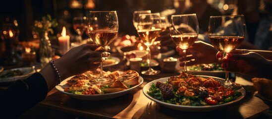 close up hands friends toasting at dinner party