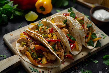 Wall Mural - Mexican tacos with chicken, bell pepper and salsa on black background