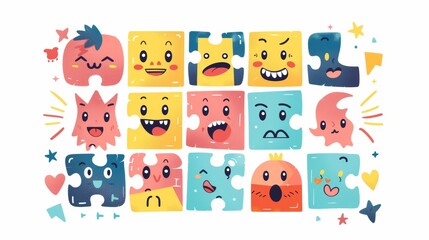  Cute puzzle design with different cute faces and funny characters. Creative jigsaw illustration with emotions, positive and negative. Colored flat modern illustration isolated on white.