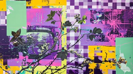 Wall Mural - Colorful collage with retro computer in trendy halftone style with purple checkered background and acid green doodles.