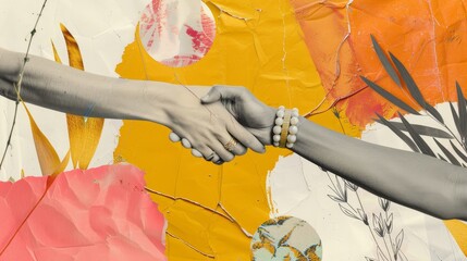 Poster - Women's hands make a deal in this collage banner. Halftone effect with doodles on yellow background with hand drawn texture. Modern trendy illustration.
