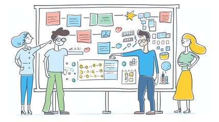 Poster - Plans are being made around a large schedule board by team members of the office. This is a modern illustration in flat design style.