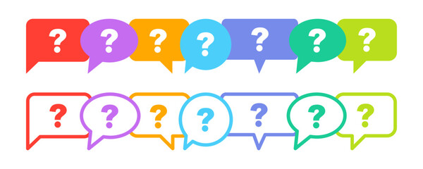  Set of question marks and colorful speech bubbles. Ask and help symbol. Vector 10 Eps.