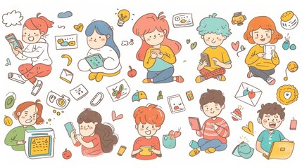 Poster - The hand drawn style modern design illustration depicts people in smartphones doing various things.
