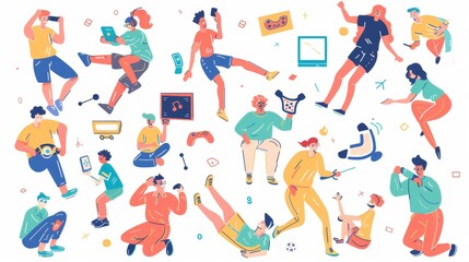 Wall Mural - In this flat design style modern illustration, players hold various devices and pose in various positions.