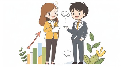 Poster - Graph background with business man and woman characters in hand drawn style.