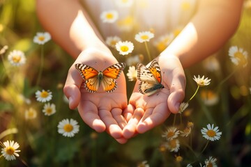 Wall Mural - Person gently holds two butterflies in a field of daisies