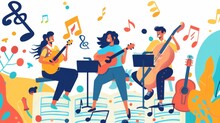 The Illustration Features People Sitting On Sheet Music And Playing Music Instruments. This Is A Flat, Minimal Modern Design Style.